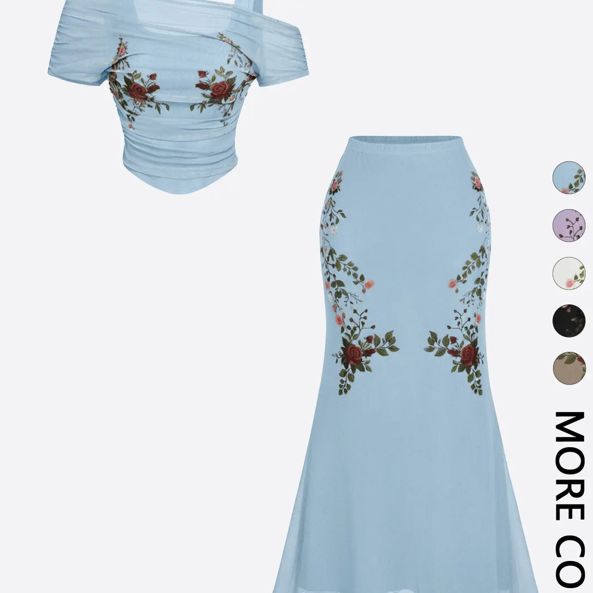 2 Piece Trendy Romantic Fairy Floral Print Off Shoulder Top and Midi Skirt Clothes Set for Women, Figure Flattering for Date, Vacation and Wedding