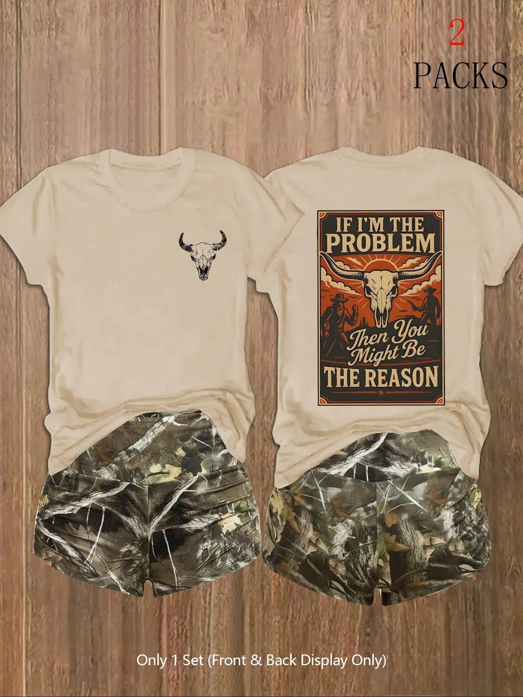 Women's 2-Pack Western Bull Print Short Sleeve Loose T-Shirt & Camo Shorts Set, Soft Casual Fabric, Daily Streetwear Loungewear, Black Beige Pink White Purple Red Multi-Color Options, Clothes