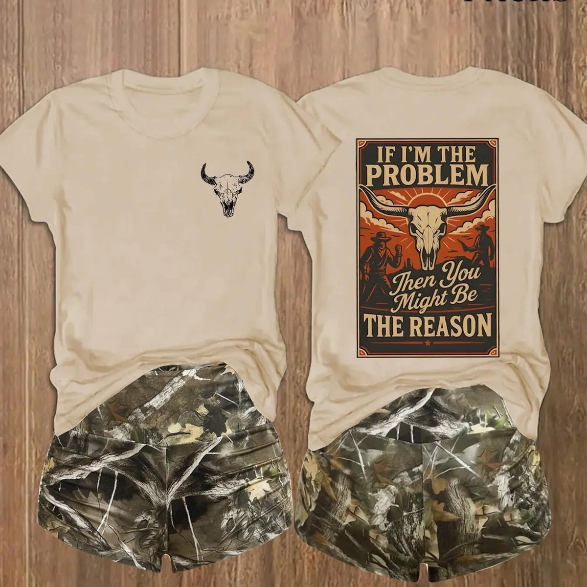 Women's 2-Pack Western Bull Print Short Sleeve Loose T-Shirt & Camo Shorts Set, Soft Casual Fabric, Daily Streetwear Loungewear, Black Beige Pink White Purple Red Multi-Color Options, Clothes