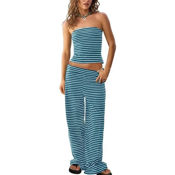 TANKANEO Women's 2-Piece Striped Trendy Clothing Set - Cute Slim Y2K Strapless Tube Top & Wide Leg Pants, Comfortable Casual Spring Summer Outfits (Cute Clothes, Casual Women's Set)