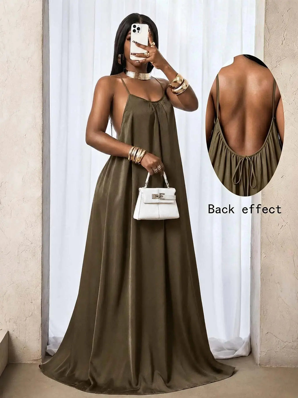 Women's Plain Ruched Pleated Backless Dress, Long Bohemian Style Fitted Sleeveless Party Gown for Spring & Fall, Elegant Casual Design, Perfect for Everyday Wear, Elegance, Basic