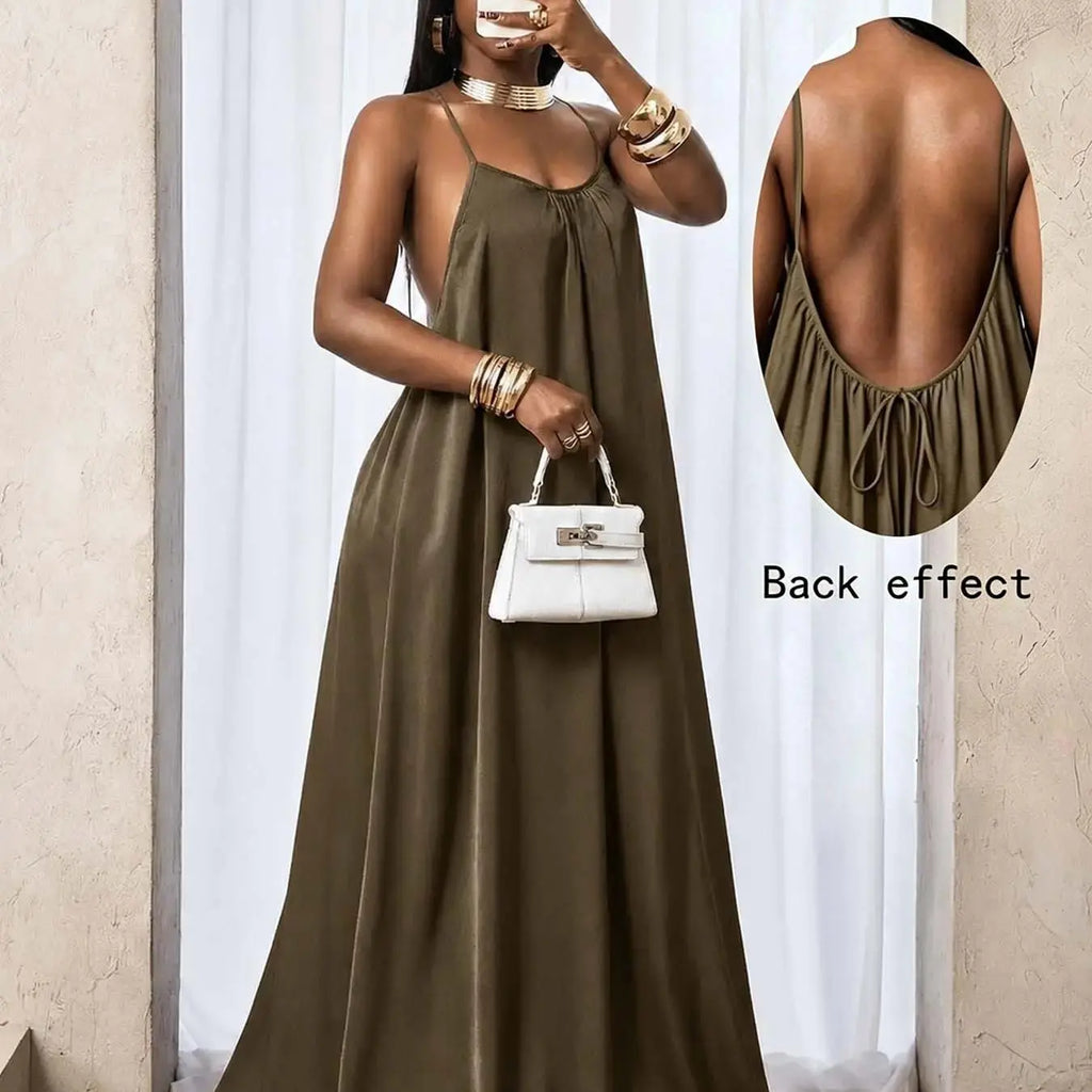 Women's Plain Ruched Pleated Backless Dress, Long Bohemian Style Fitted Sleeveless Party Gown for Spring & Fall, Elegant Casual Design, Perfect for Everyday Wear, Elegance, Basic