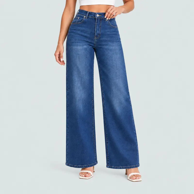 CANANA Women Super Stretchy High Rise Wide Leg Jeans Minimalist Comfort Denim Pants Tummy Control BBL Regular Size Plus Size Spring Fashion Daily Outfits Pockets One Size Down For Best Fit