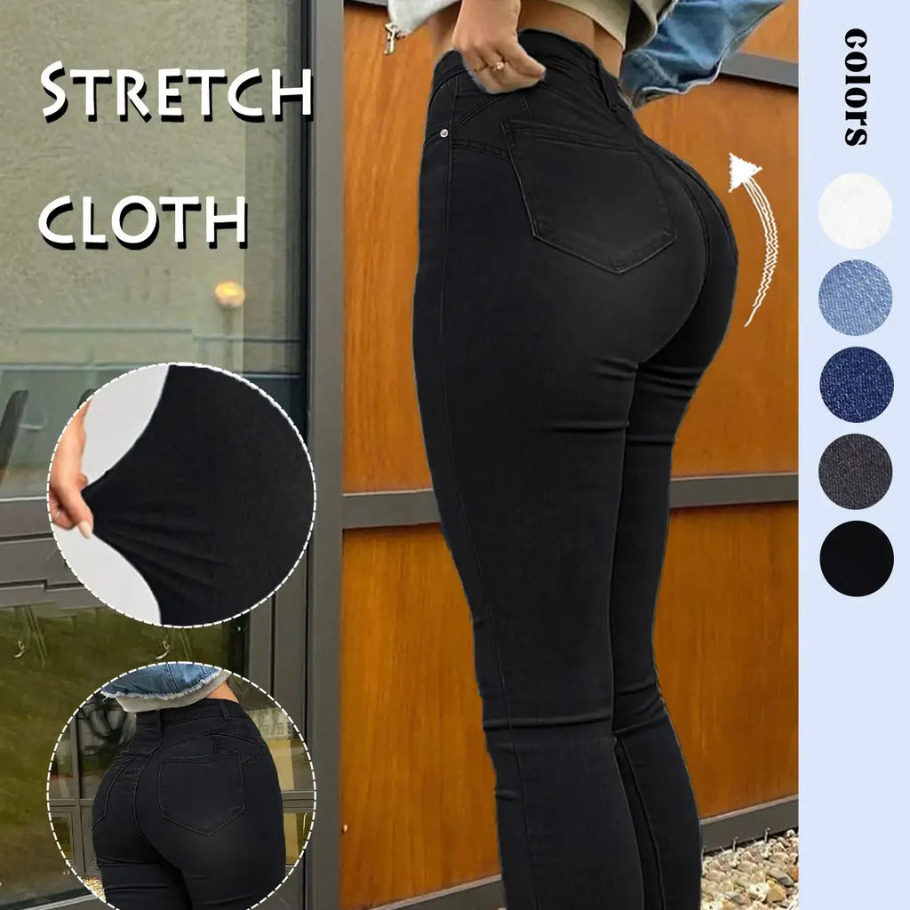 Women's High-Waisted Tight Denim Jeans, Casual Comfort Stretch Conical Jeans, Y2K Washed Blue Button Fly, Street Style Long Pants