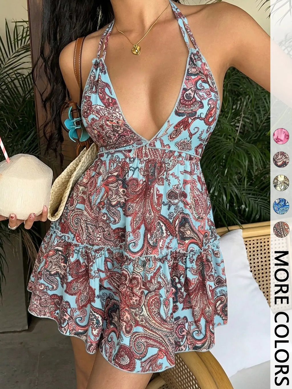 Women's Paisley Print Halter Neck Sleeveless Mini Ruffle Detail Dress - Backless Ruffled Tiered Dress for Beach & Music Festivals | Trendy Baddie Aesthetic, Viral TikTok Dress-Vacations & Casual Outings | Y2K Fashion, Flowy Summer Dress