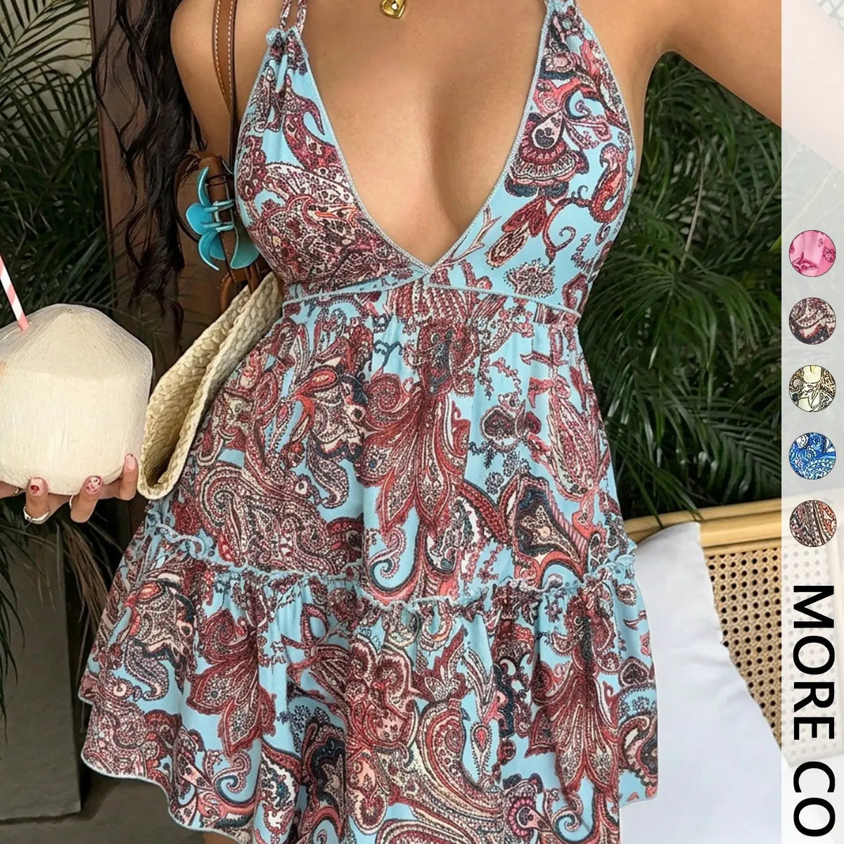 Women's Paisley Print Halter Neck Sleeveless Mini Ruffle Detail Dress - Backless Ruffled Tiered Dress for Beach & Music Festivals | Trendy Baddie Aesthetic, Viral TikTok Dress-Vacations & Casual Outings | Y2K Fashion, Flowy Summer Dress
