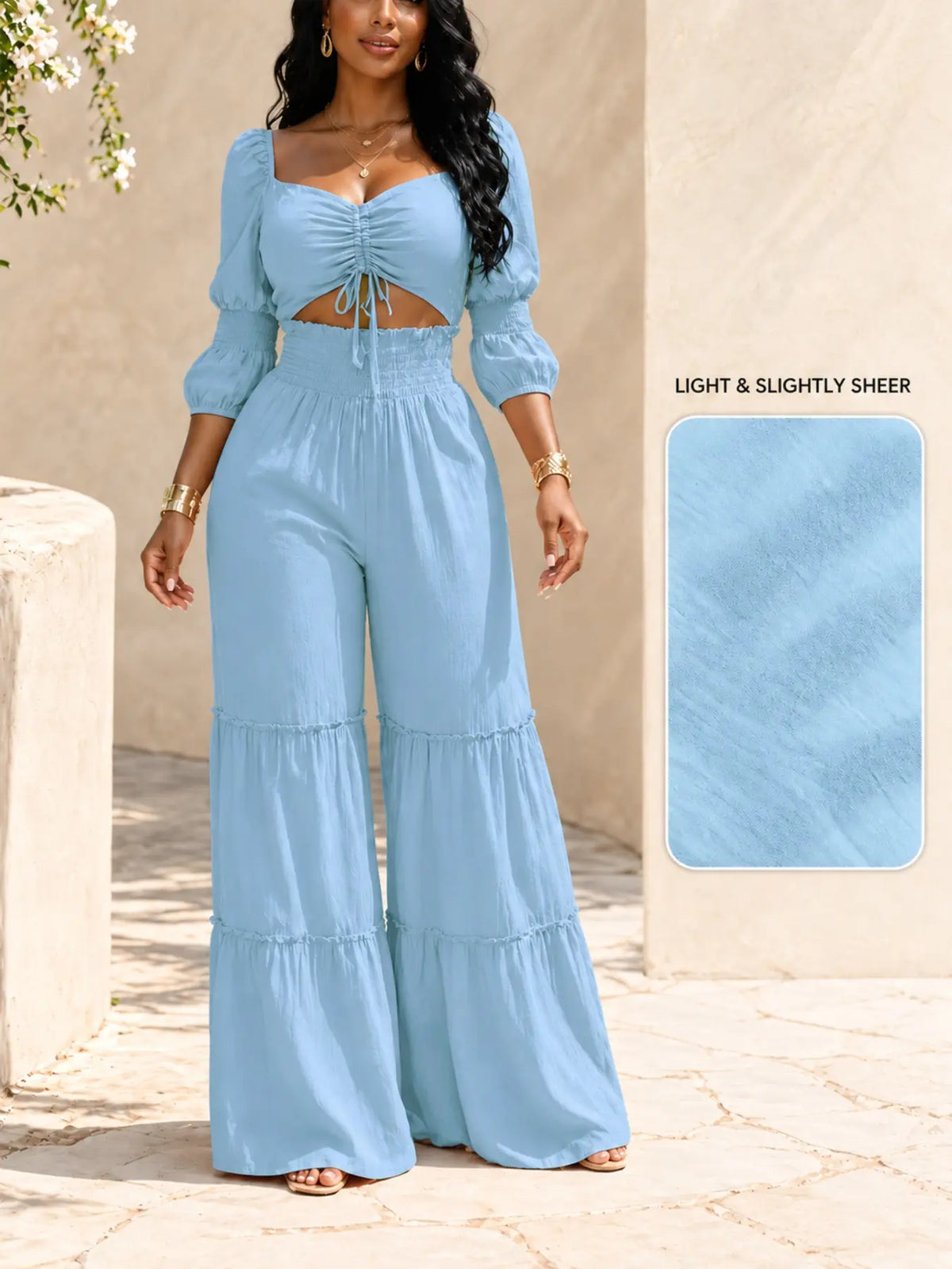 Women's Square Neck Two-Piece Set, Adjustable Drawstring Top and High Waist Wide Leg Pants, French Chic Elegant Style, Essential for Spring & Fall, Casual Chic Set