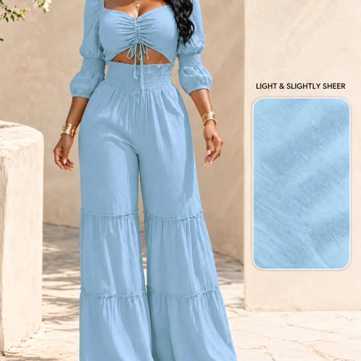 Women's Square Neck Two-Piece Set, Adjustable Drawstring Top and High Waist Wide Leg Pants, French Chic Elegant Style, Essential for Spring & Fall, Casual Chic Set