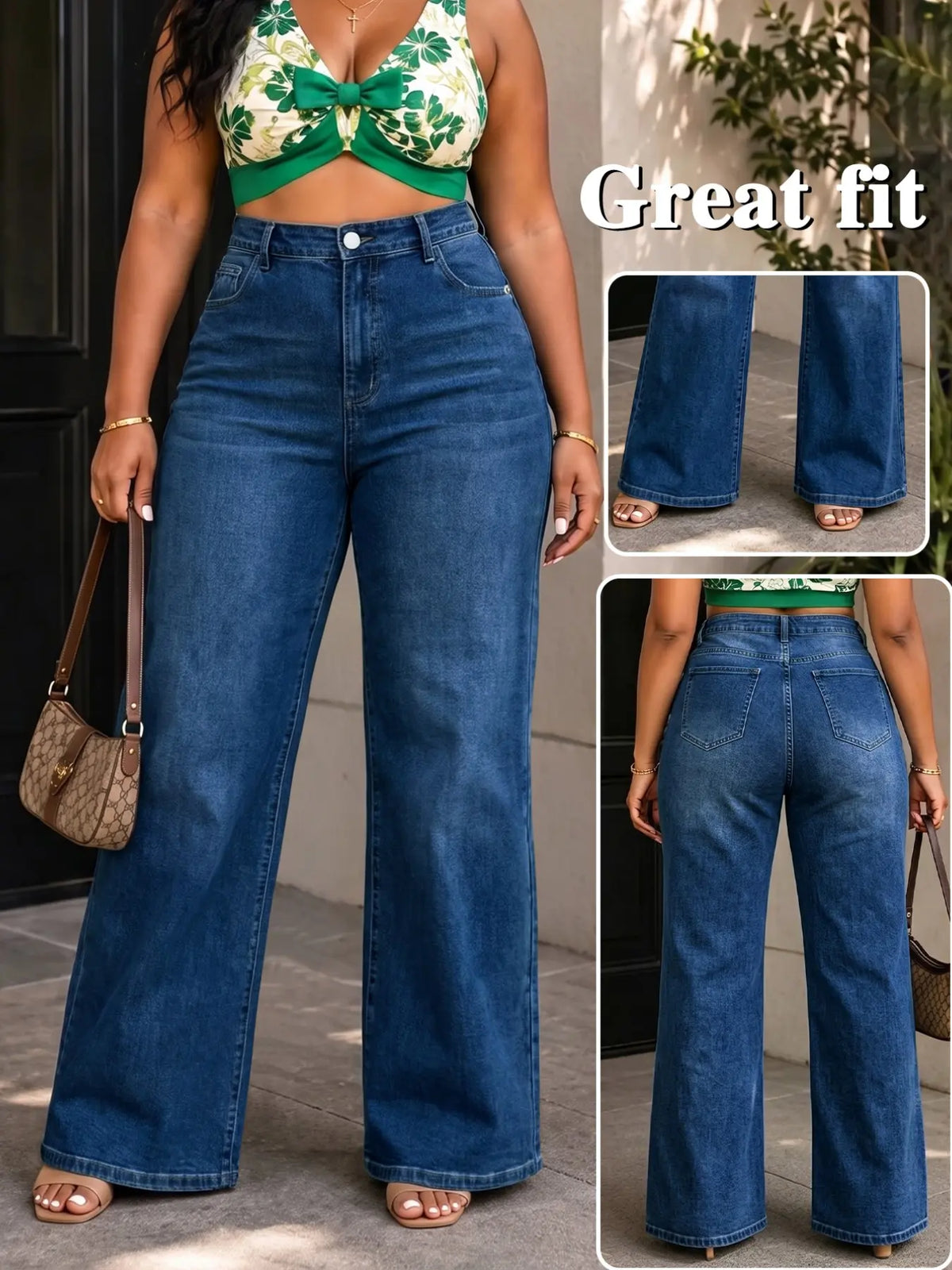 Deep Blue Washed High-Waisted Wide-Leg Denim Jeans, Plus Size Slimming Loose Fit Long Pants, Multiple Colors Available, Fall & Winter Casual Wear