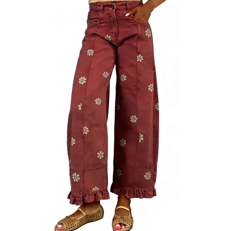 utcoco Women's Floral Print Barrel Jeans - 2026 Y2k Patchwork Wide Leg Baggy Boyfriend Denim Pants, Hang Dry, Party-Ready