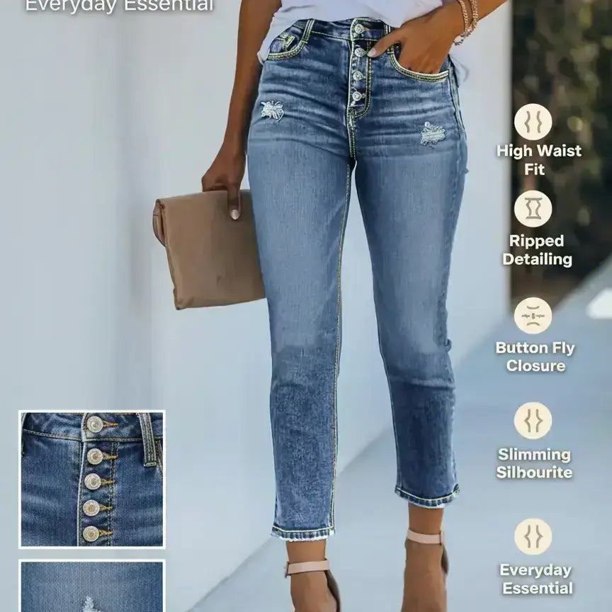 Women's Ripped Button Fly Skinny Stretchy Jeans, Distressed Skinny Jeans, Fashion Casual Denim Pants for Daily Outdoor Wear, Ladies Bottoms for All Seasons