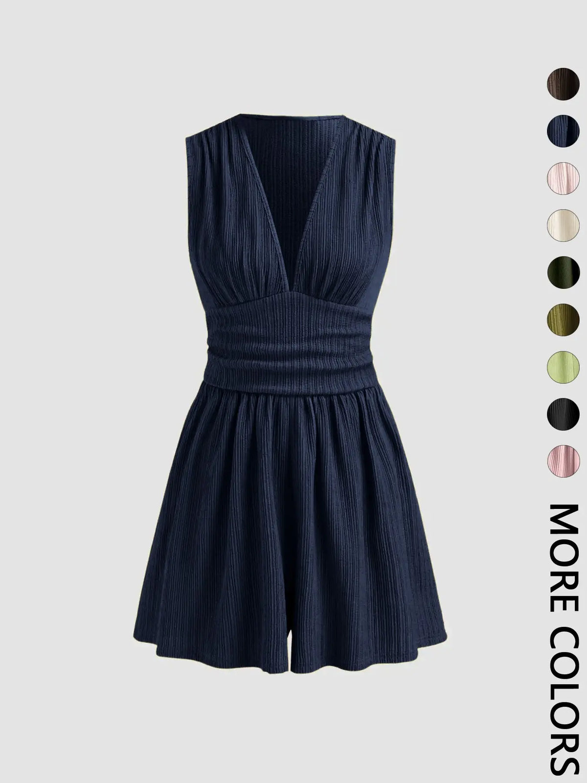 Women's Plain Ribbed Ruched Deep V Neck Tank Short Piece, Elegant Sleeveless Shorts Romper For Summer, Fashion Casual Ladies Clothes For Daily Wear