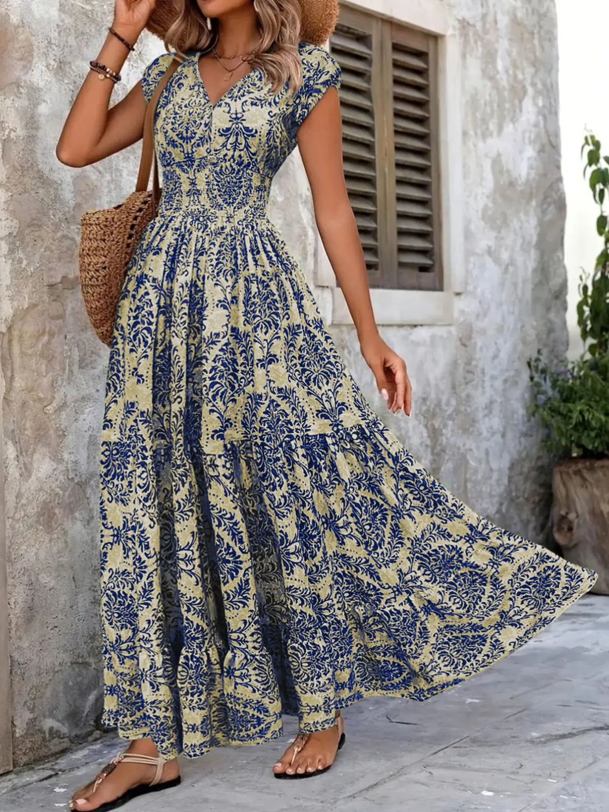 Boho Floral Maxi Dress | Floral Prints Dress | V Neck | Smocked Waist | Flowy Ruffle Hem | Women Summer Vacation Outfits | Ruffled |