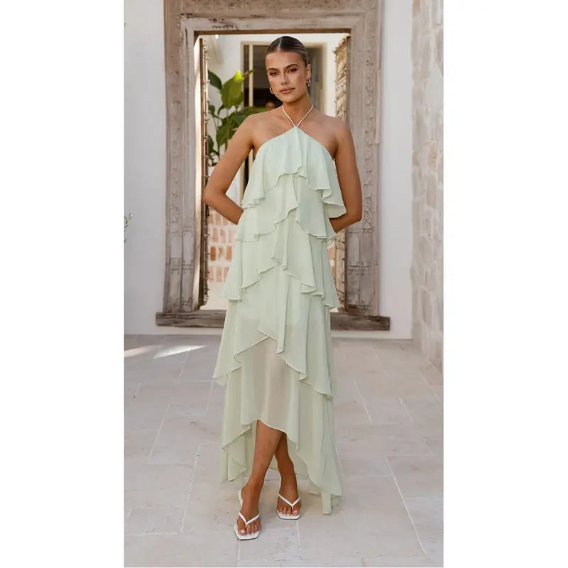 Aprilake Women's Summer Frill Halter Neck Flowy Chiffon Sundress A-Line Tiered Ruffle Long Maxi Formal Wedding Dress