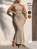 Women's Striped Print One Shoulder Crop Top & High Waist Skirt Set, Casual Fashion Cozy Two-piece Set for Daily Outdoor Wear, Women's Clothing for Summer, Lady Clothes, Womenswear, Sleeveless, Matching Clothing Set, Summer Outfit Set