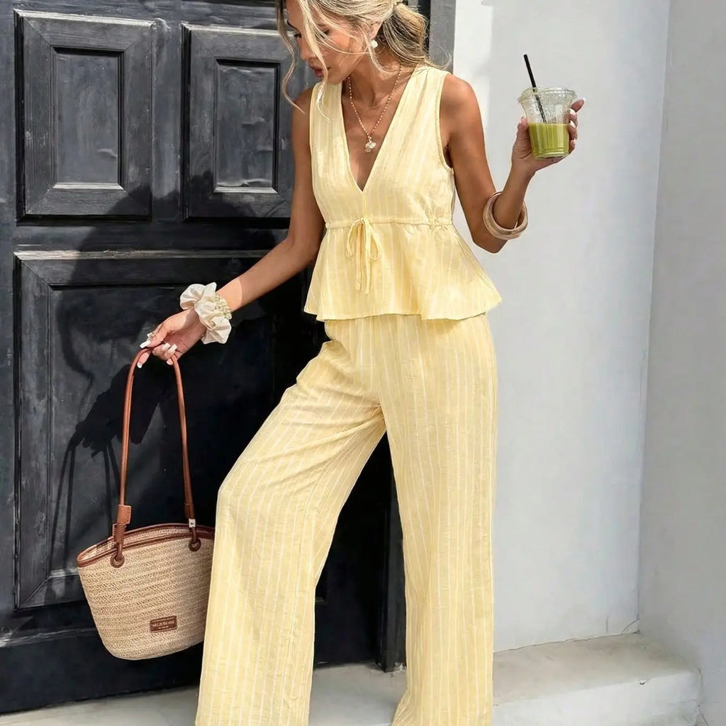 Women's Striped Tie-Waist Sleeveless Blouse Shirt Matching Set Outfit, Long Pants Casual Two-Piece, Vintage Bohemian Style, Commuter Wear, Elegance