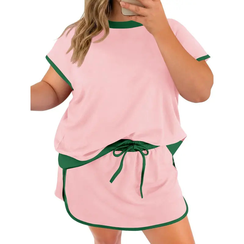 TANKANEO Women's Plus-Size 2-Piece Polyester Shorts Set, Lightweight Short-Sleeve Color Block Shirt & Adjustable Skort, Comfortable Fit Casual Matching Set