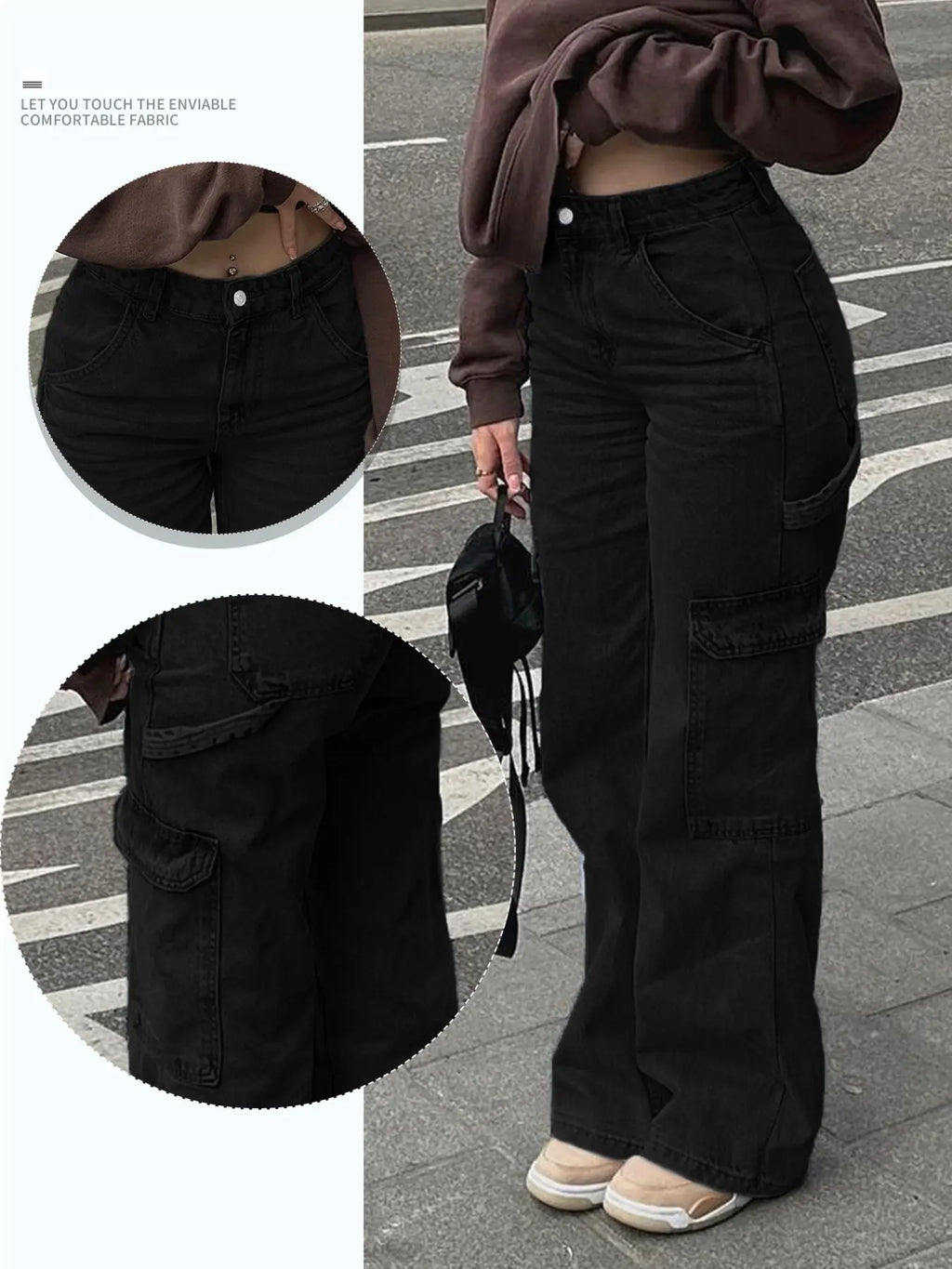 Teen Girl Denim Cargo Pants with Pockets, Loose Legged Pants, Trendy & Comfortable Casual Design, Ideal for Daily Wear & Outdoor Adventures, Cargo Jeans