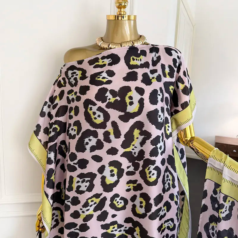 Laruda-Original Vibe Women's Fashion 2-Piece Pink Leopard Print Long Moo Moo Robe Set - Lightweight Woven Fabric Dress, Exotic Scarf Headband, Cute 2-Piece Sets, Sun Protection Beach Wear, Clothes for Women