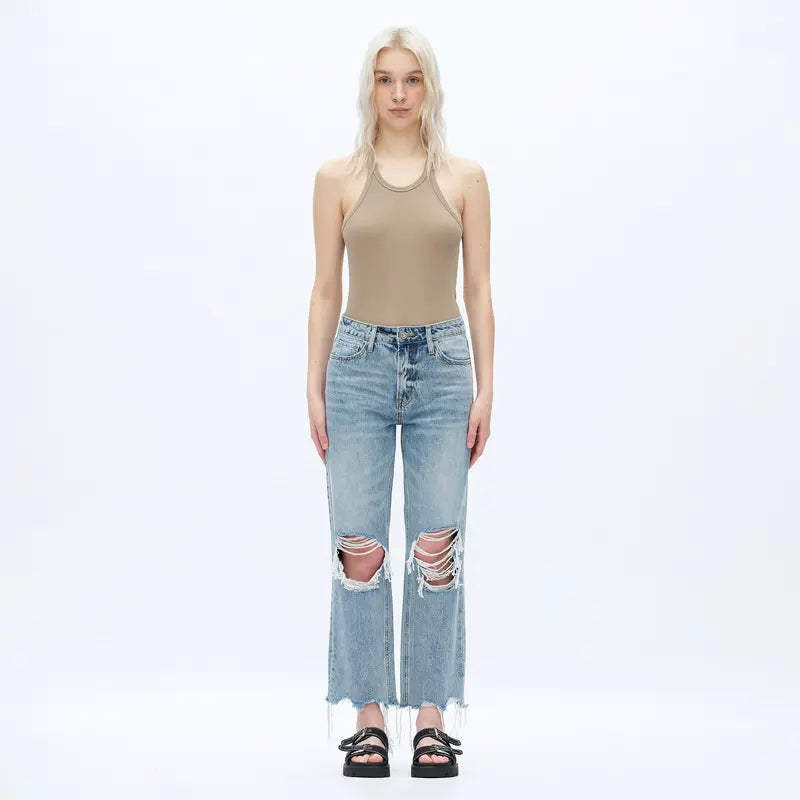 ONESO Women's Super High Rise Destroyed Straight Rigid Leg Jeans Non-Stretch Distressed Denim Pants Size Comfortable Fashion FitStyle Bottoms Womenswear Fitted Streetwear Fabric  Basic Minimalist Gift #SummerVibes