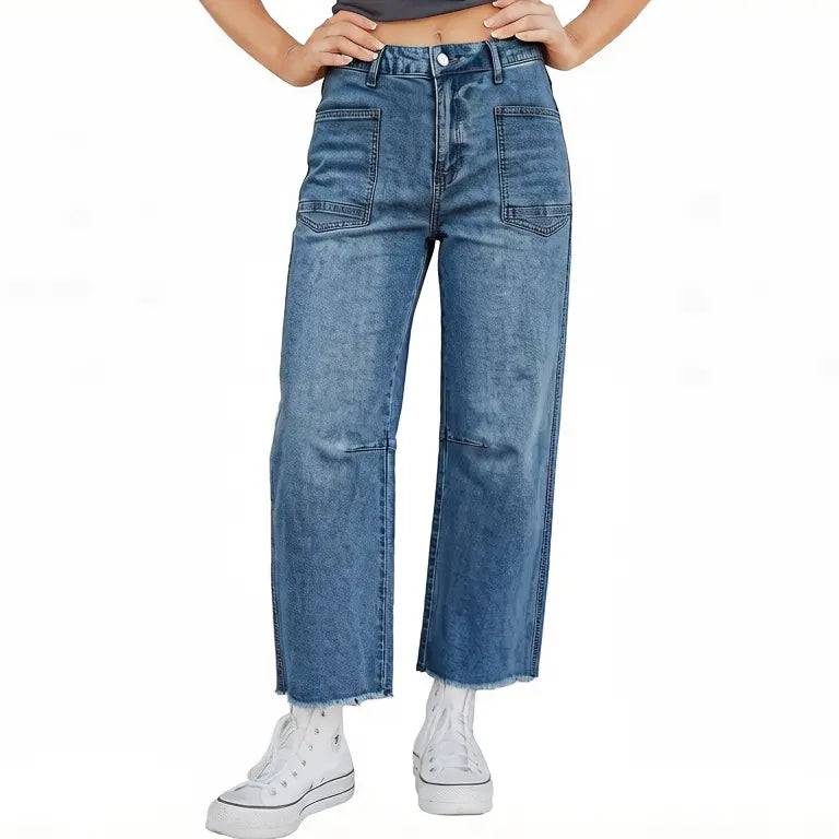 Asvivid Women's Frayed Cropped Straight Jeans with Pockets Denim Basic Fashion Casual Trouser Bottom Pants Womenswear Streetwear