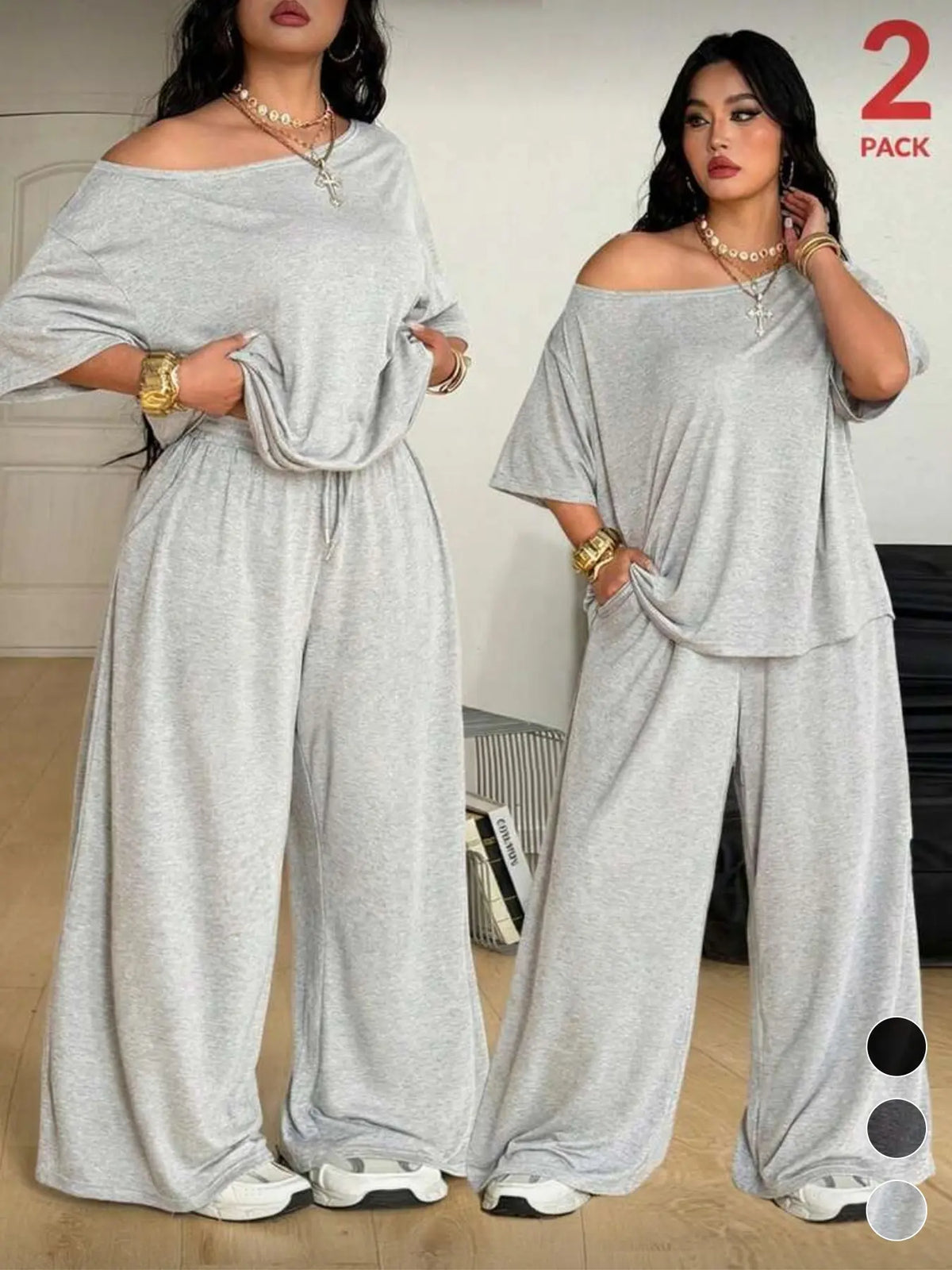 Plus Size Women's Casual Baggy Fit Tee & Pants Set, Comfortable Fabric, Asymmetrical Neckline Top & Wide-Leg Pants, Ideal for Daily Wear & Outdoor Activities, Everyday