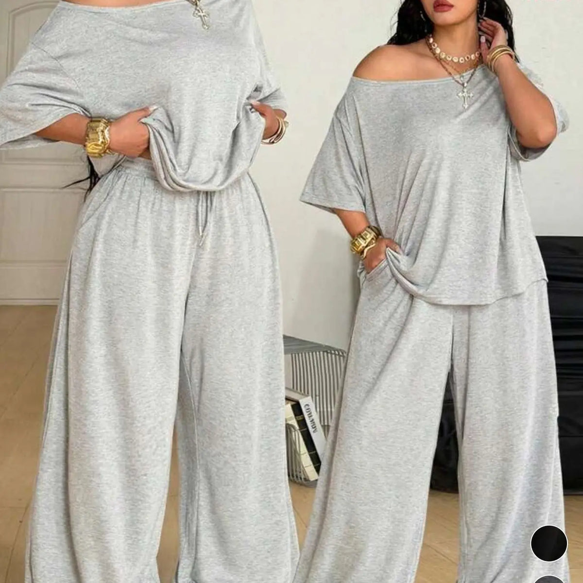 Plus Size Women's Casual Baggy Fit Tee & Pants Set, Comfortable Fabric, Asymmetrical Neckline Top & Wide-Leg Pants, Ideal for Daily Wear & Outdoor Activities, Everyday
