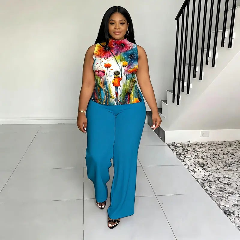 Women's 2026 New Plussize Printed 2-Piece Fashion Apparel Set - High Neck Sleeveless Flattering Tops, Wide Leg Pants, Chic Casual Women's Clothes Cute 2-Piece Sets
