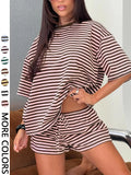 Women's Striped 2 Piece Outfit Women | Oversized T-Shirt + Drawstring Shorts | Soft Casual Lounge Set | Y2K Clean Girl Style for Daily Home Vacation Wear Shorts Matching Set