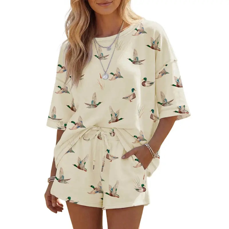 sohochic Women's 2-Piece Mallard Duck Print Loungewear Set - Soft Breathable Elastic Polyester Tee & Drawstring Pocket Shorts, Oversized Short Sleeve, Summer Casual Women's Clothes for Indoor Outdoor Use