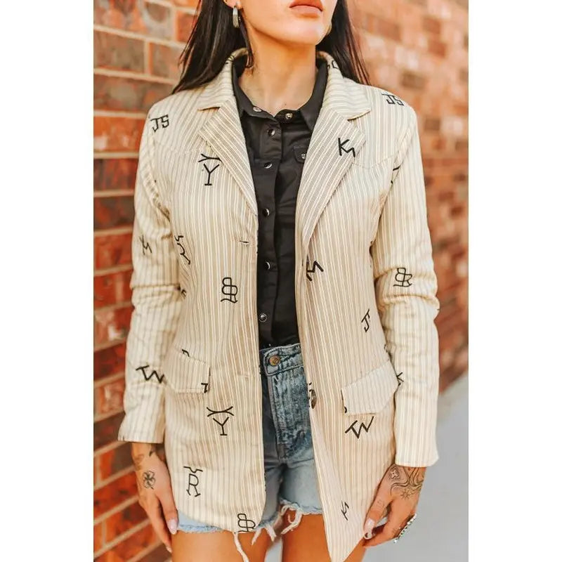 Women's Classic Soft Fitted Long Sleeve Western Blazer - Graphic Pinstripe Statement Piece, Structured Shoulders, Yoke Detail, Rodeo/Ranch Ready, Authentic Western Branding