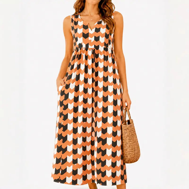 GLAMONIQUE Women's Brown Polka Dot H-Type Maxi Dress - Sleeveless V-Neck Spaghetti Strap, Lightweight Flowy, Side Slit, Adjustable Casual Wear for Outdoor, Vacation