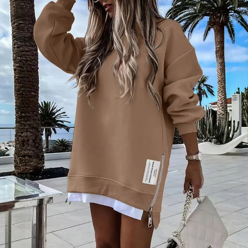 CHICME 2026 Women's Oversized Fall Long Sleeve Pullover Sweatshirt Zipper Slit Casual Dress Drop Shoulder Outfits, Dresses For Women, Women's Clothes