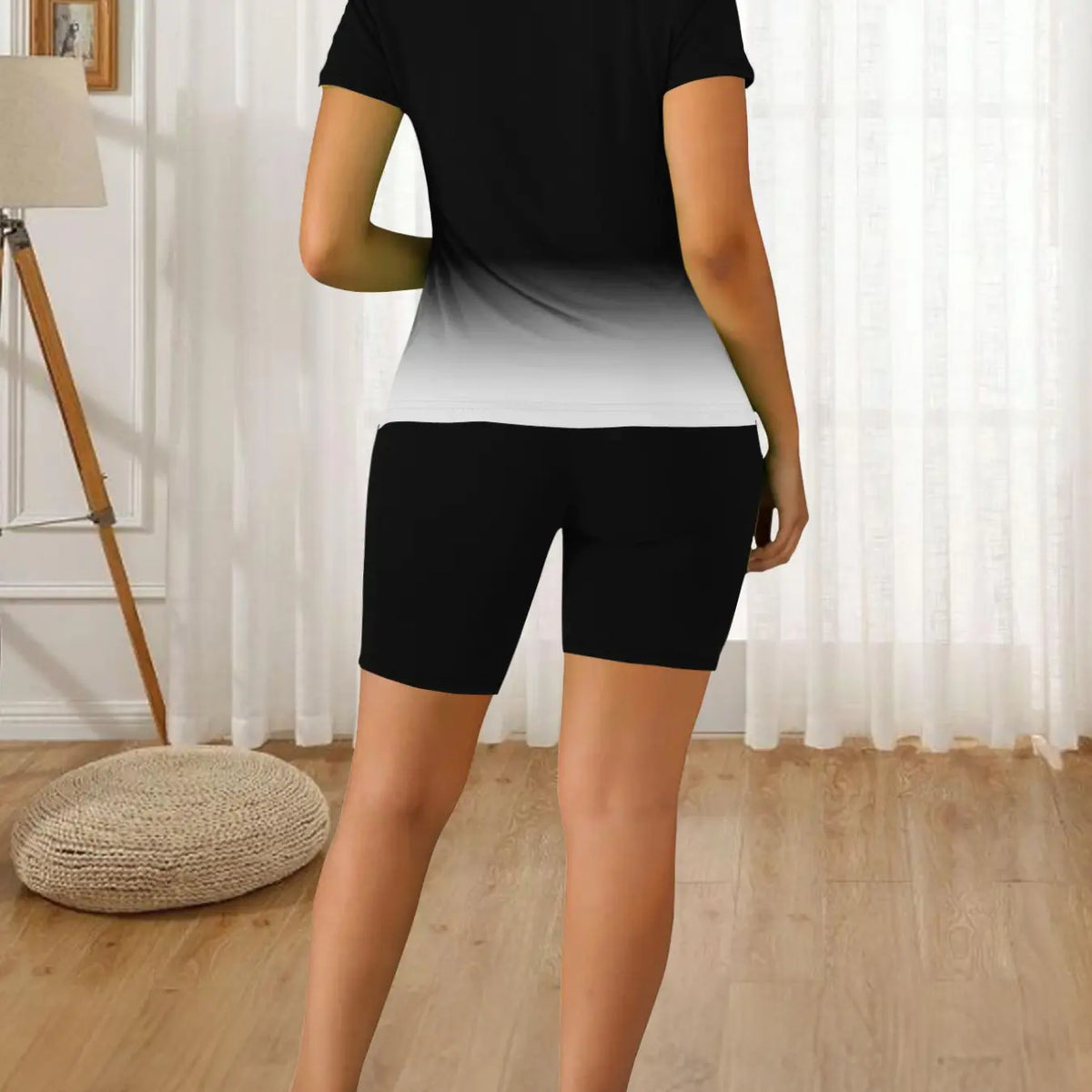 Summer Round Neck Short Sleeve Ombre Printed T-Shirt and Shorts Matching Set Outfit, Casual Long Length Fitted Suit, Plain Surface, 88.2 G/m²