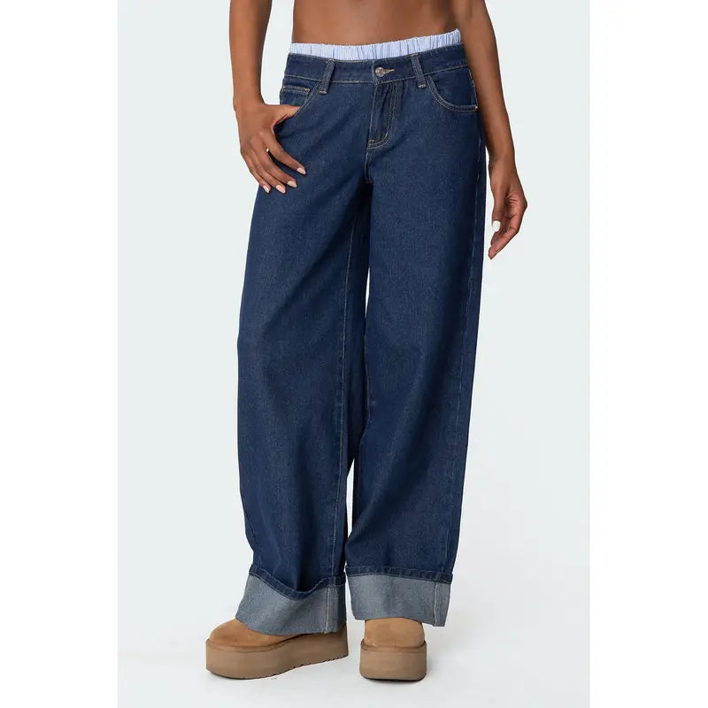Striped Boxer Detail Low Rise Baggy Jeans