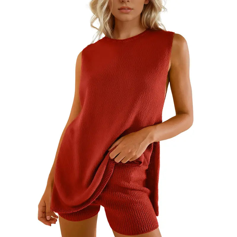 SCUSTY Women's 2 Piece Outfits Summer Summervibes Knit Sweater Set Sleeveless Tunic Top Matching Shorts Trendy Beach Vacation Sets Loungesetwomen Suits Clothes Womenswear  Basic Beige