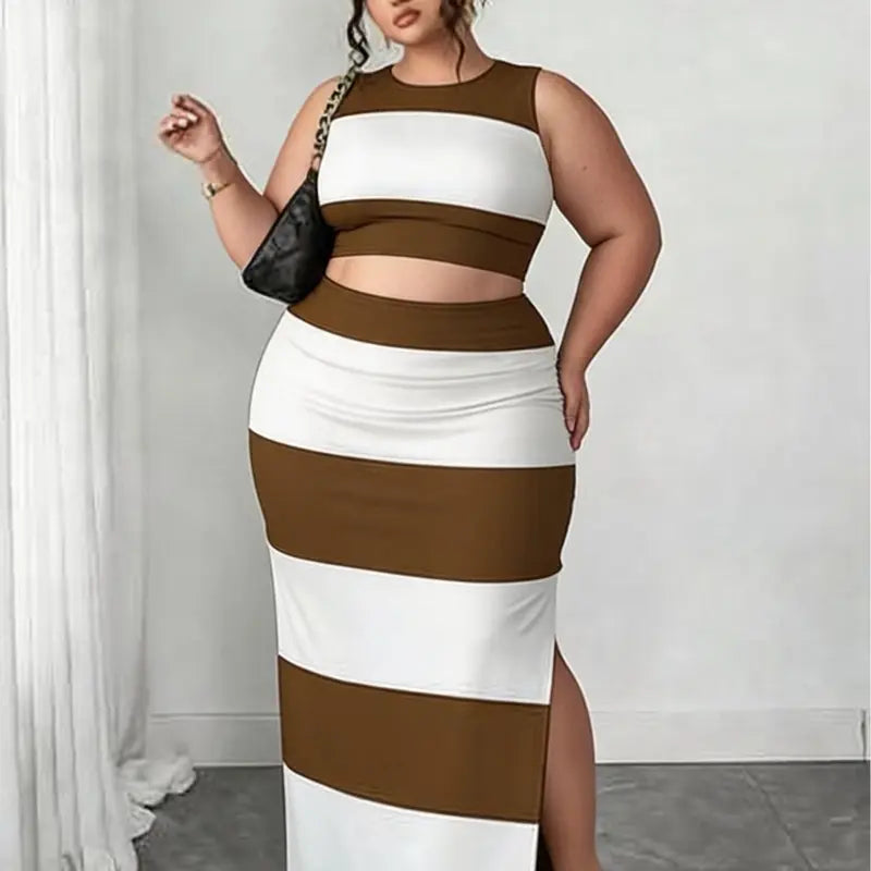 Women's Plus Size 2-Piece Matched Set - Sleeveless Striped Butterfly Print Bodycon Crop Top & Stripe Skirt & Top Sets, Midi Length Split Skirt, Casual Chic Plus Size Clothes for Going Out