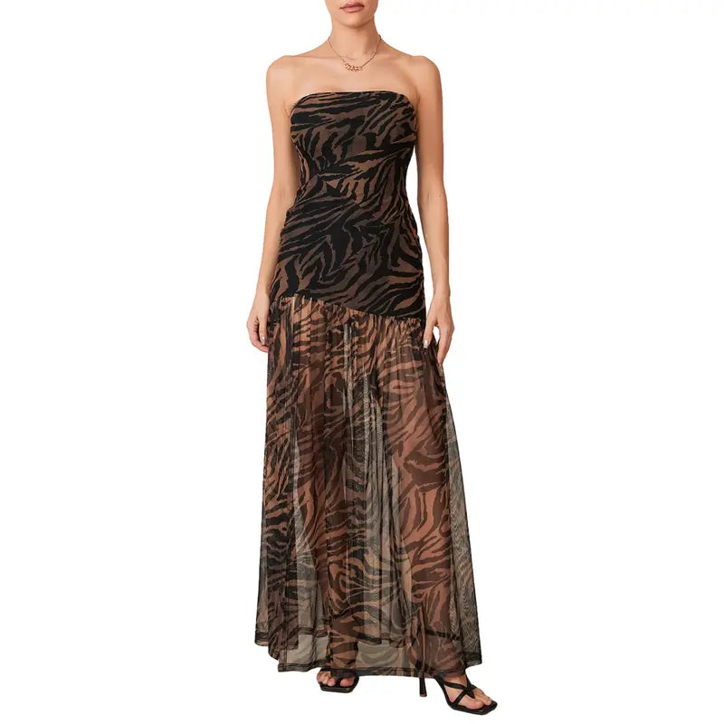 Women Strapless Tube Maxi Dress Tropical Leopard Print High Slit Chiffon Flowy Ruched Bodycon Long Formal Evening Party Gown