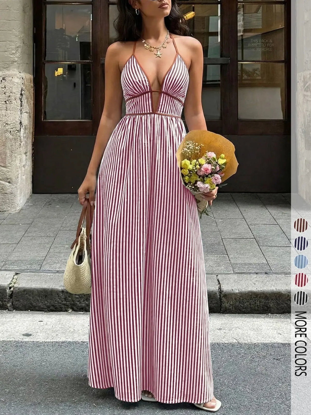 Women's French Style Casual Striped Halter Dress, Chic Elegant Deep V Neck Waist Cinch Long Dress for Vacation, Beach and Summer Womenswear, Bohemian Style Boho Summer Dresses
