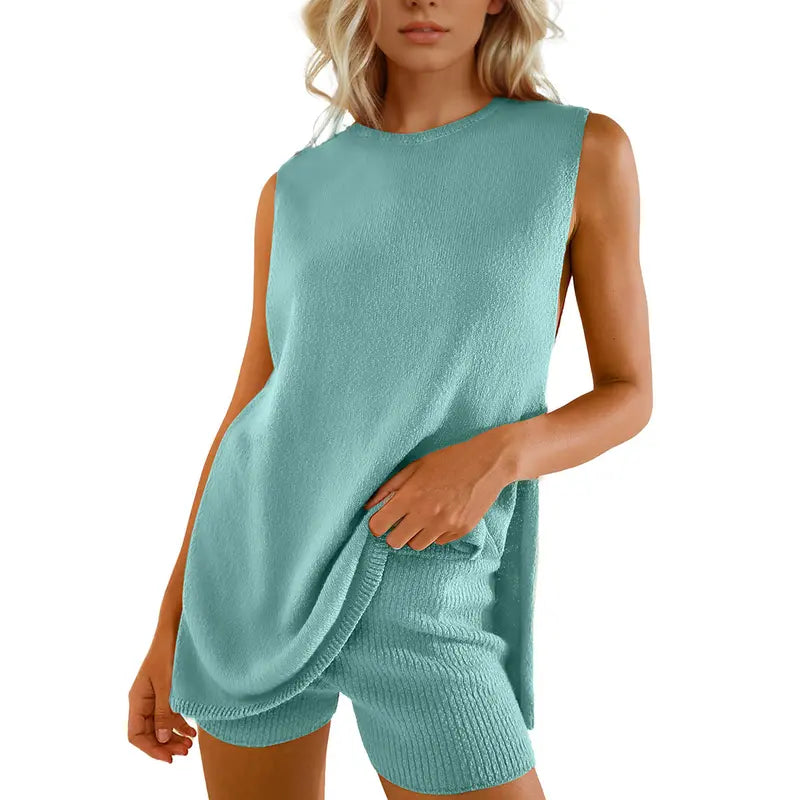 SCUSTY Women's 2 Piece Outfits Summer Summervibes Knit Sweater Set Sleeveless Tunic Top Matching Shorts Trendy Beach Vacation Sets Loungesetwomen Suits Clothes Womenswear  Basic Beige