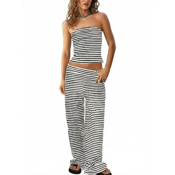 TANKANEO Women's 2-Piece Striped Trendy Clothing Set - Cute Slim Y2K Strapless Tube Top & Wide Leg Pants, Comfortable Casual Spring Summer Outfits (Cute Clothes, Casual Women's Set)