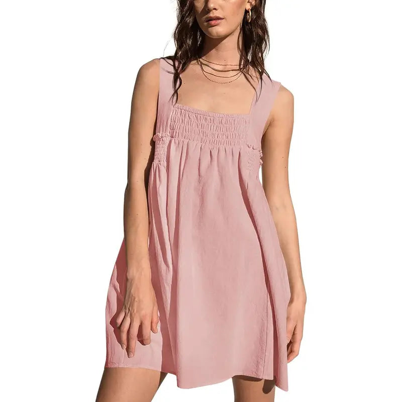 Imily Bela Women 's Summer Casual Sleeveless Mini Dress Square Neck Smocked Swing Loose Babydoll Dress Breathable Womenswear