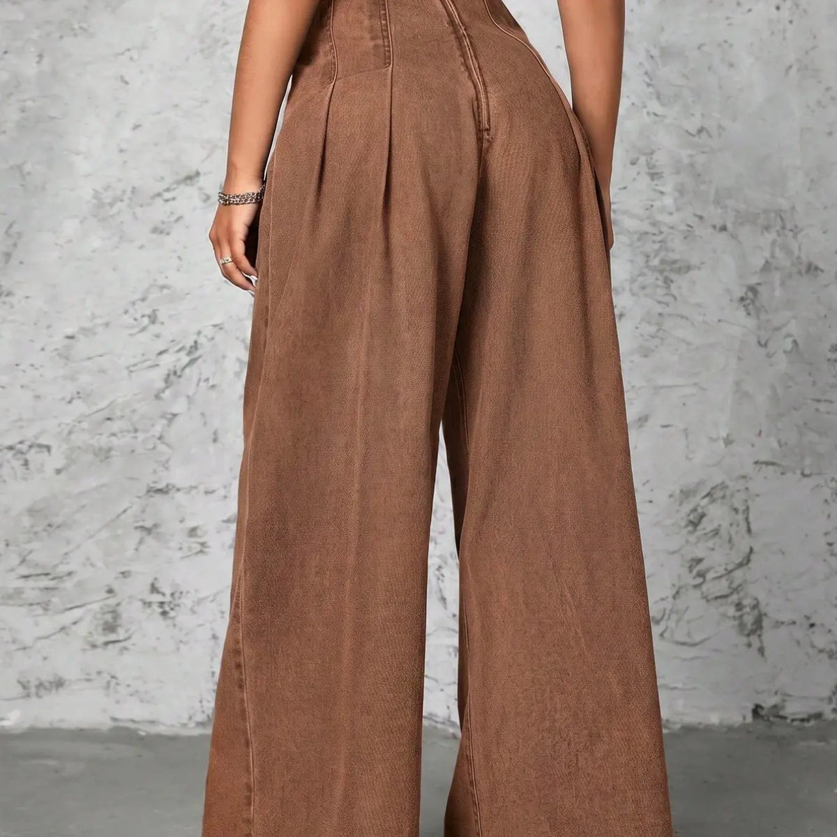 Women High Waist Pleated Front Wide Leg Jeans, Non Stretch Casual Loose Fit Palazzo Denim Trousers, Streetwear Fashion