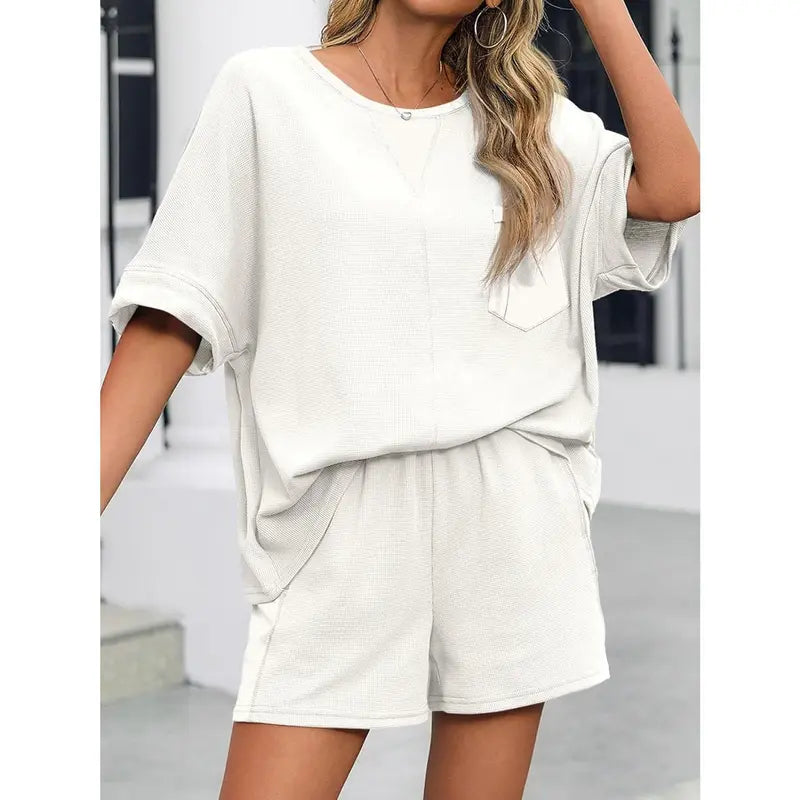 Imily Bela Womens Summer Waffle Knit 2 Piece Outfits Oversized T Shirt Casual Shorts Loungwear Short Sets