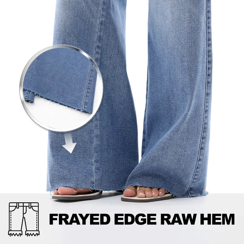 Freya ONESO Women Mid Rise High Stretchy BBL Jeans Butt Lifting Wide Leg Raw Hem Denim Pants Tummy Control Spring Basic Minimalist Woman Denim Bottom Comfortable Denim Jeans OSW8019 Plus Size Regular Size Fashion Daily Outfits DIY Inseams #SummerVibes