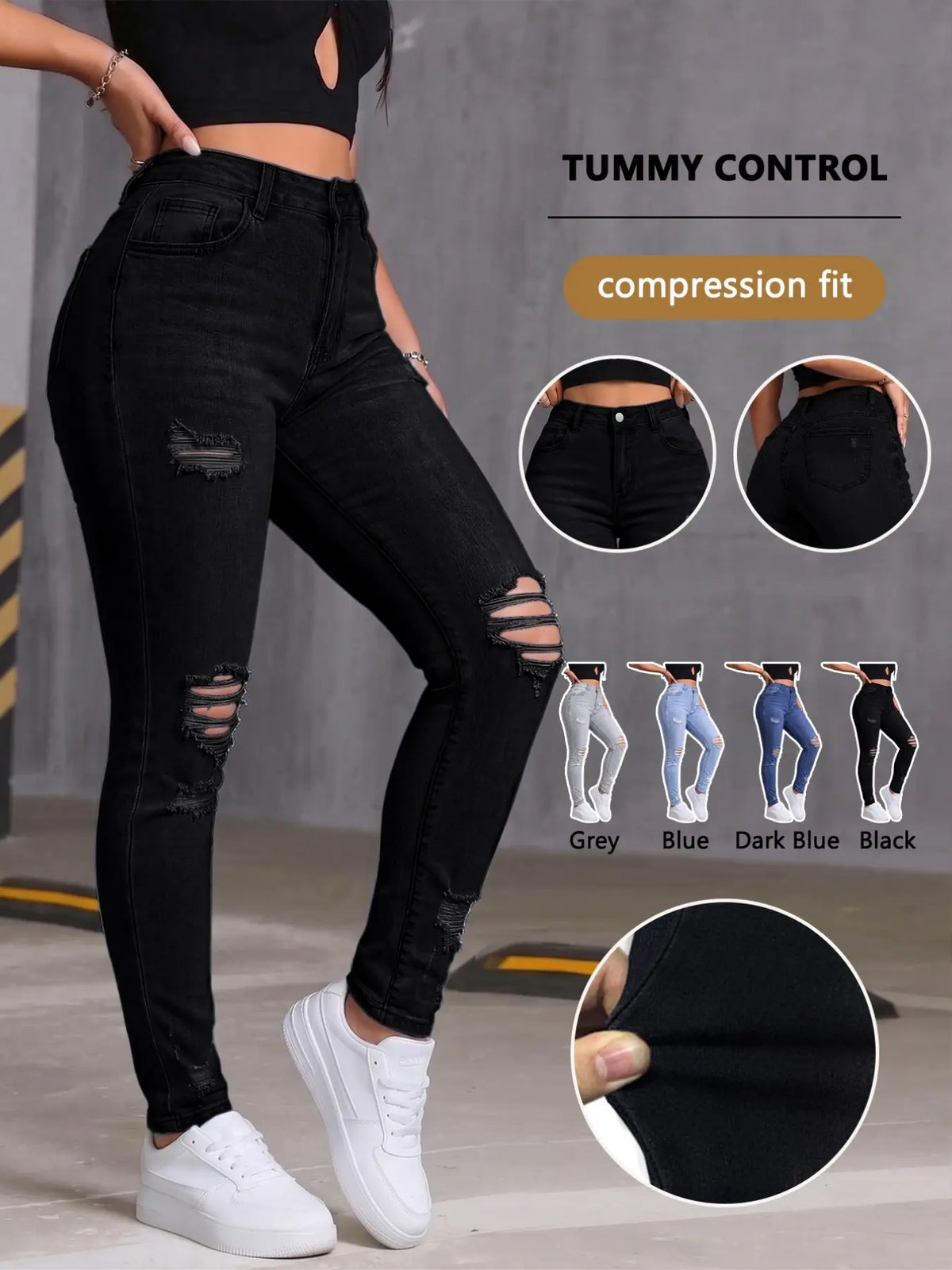 Women's Denim Jeans Ripped Jeans, Stretchy Jean, Knee Hole Jeans, Distressed Ripped Jeans, Fashionable and Comfortable, Fit