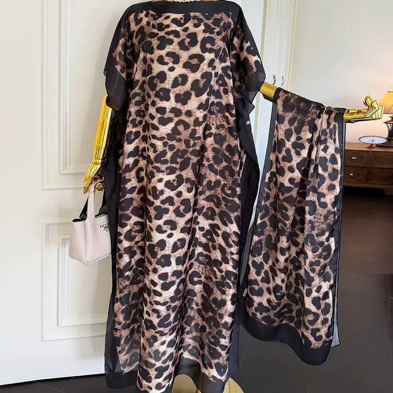 Laruda-Original Vibe Women's Fashion 2-Piece Pink Leopard Print Long Moo Moo Robe Set - Lightweight Woven Fabric Dress, Exotic Scarf Headband, Cute 2-Piece Sets, Sun Protection Beach Wear, Clothes for Women