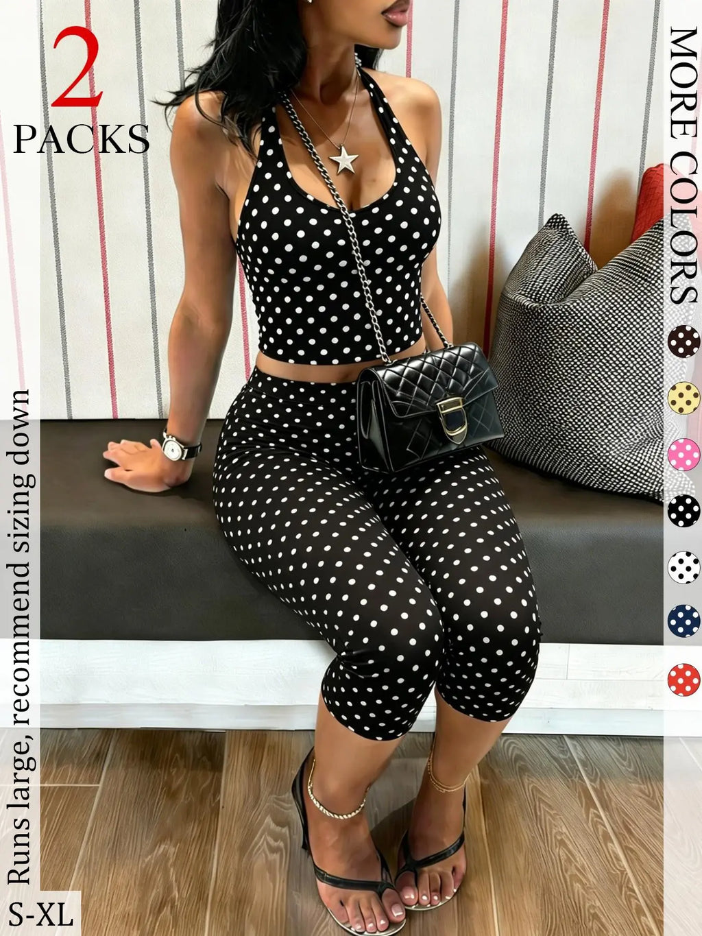 2 Packs Women Polka Dot 2 Piece Outfit, Casual Chic Set, Halter Crop Top & High Waist Capri Leggings Set, Bohemian Slim Fit Loungewear Tracksuit for Streetwear Summer
