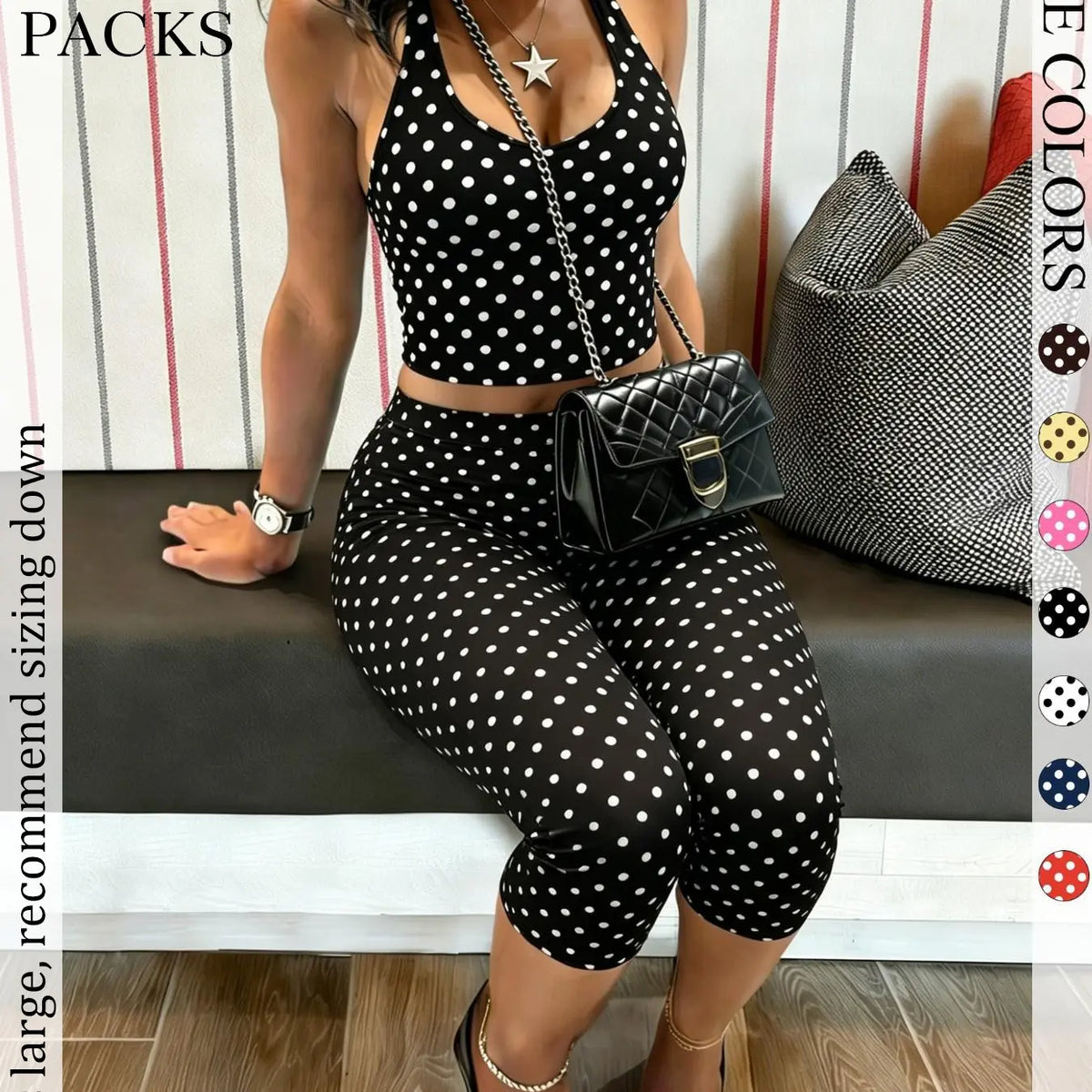 2 Packs Women Polka Dot 2 Piece Outfit, Casual Chic Set, Halter Crop Top & High Waist Capri Leggings Set, Bohemian Slim Fit Loungewear Tracksuit for Streetwear Summer