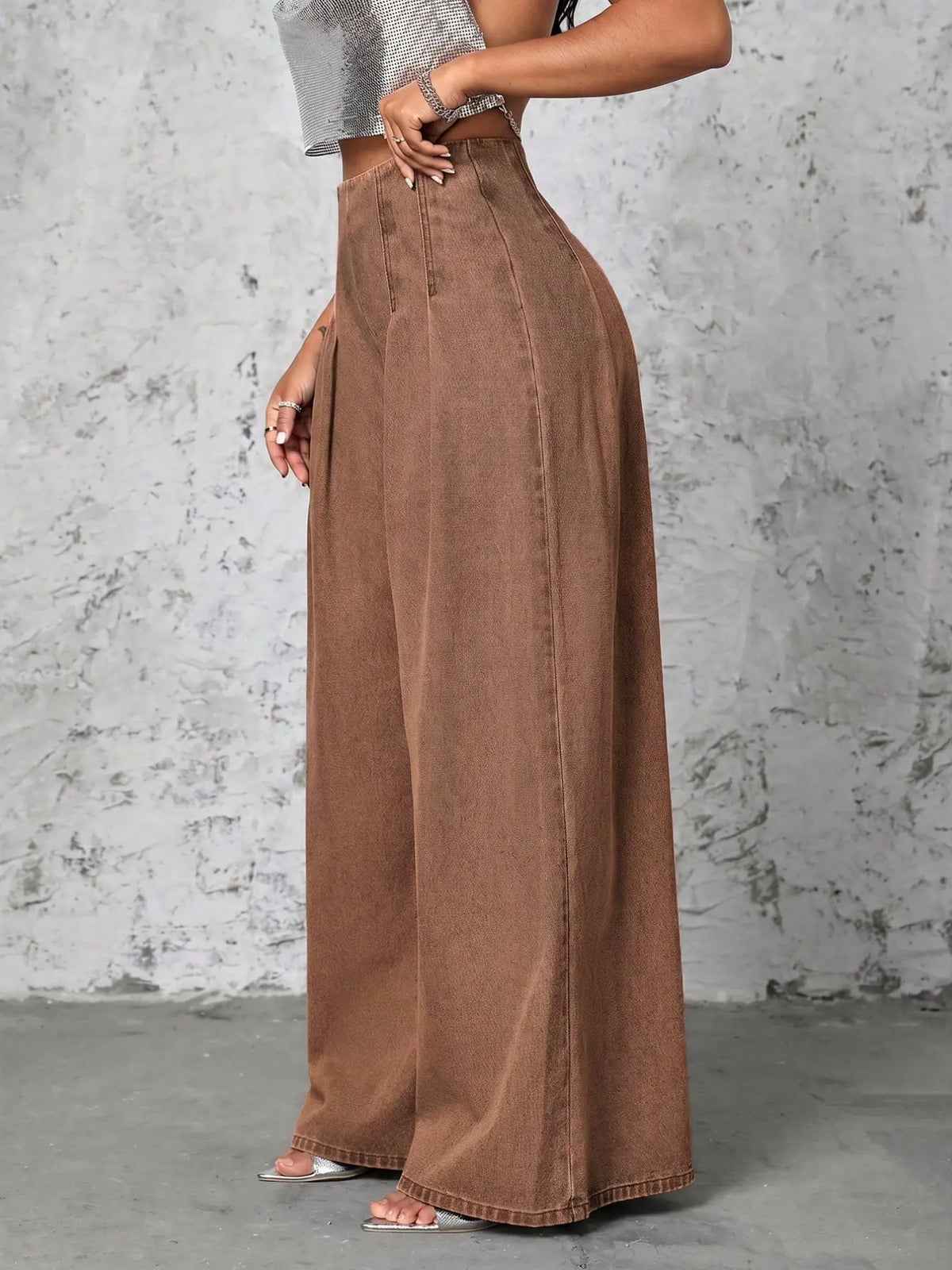Women High Waist Pleated Front Wide Leg Jeans, Non Stretch Casual Loose Fit Palazzo Denim Trousers, Streetwear Fashion